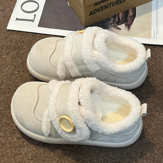 奶白加绒魔术贴板鞋女丑萌冬季新款棉鞋chic小众雪地靴运动小白鞋