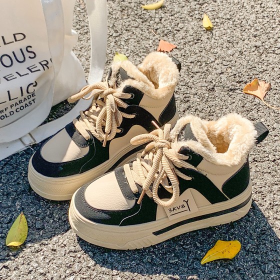 加绒保暖高帮厚底棉鞋女款2025冬季新款增高东北防滑外穿加棉板鞋