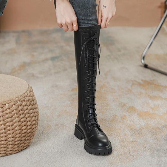 真皮长筒靴女内增高2025新款秋冬骑士靴小个子厚底显瘦系带高筒靴