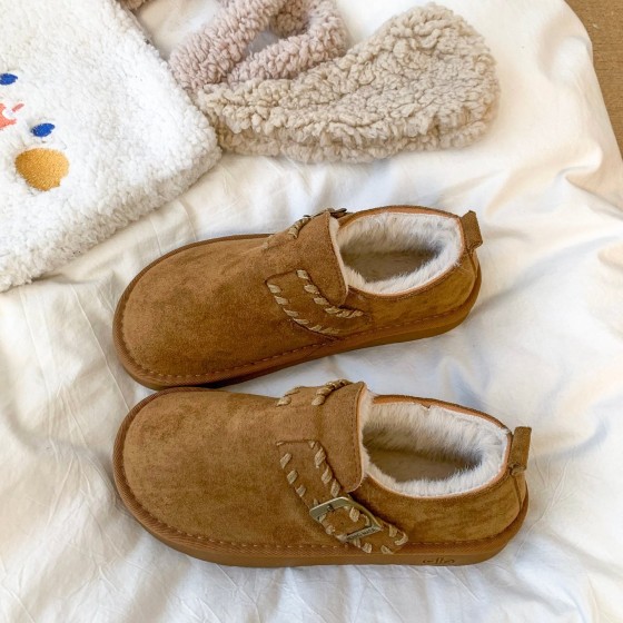 平底勃肯鞋女加绒保暖雪地靴女2025新款冬季乐福鞋豆豆鞋博肯棉鞋