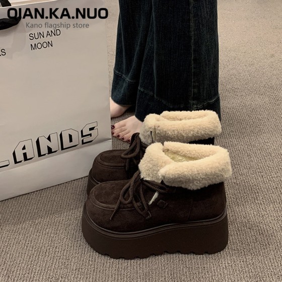 复古短筒厚底雪地靴女款冬季新款2025加绒加厚增高新款保暖棉鞋子